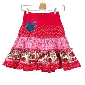 Mish Girls Cottagecore Mixed Media Corduroy Tiered Floral Pom Midi Skirt Size M‎
